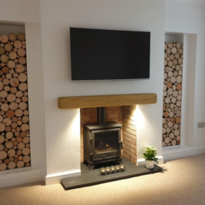Media Wall with log burner