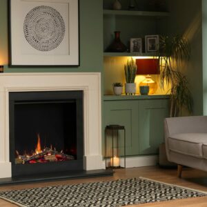 white fireplace with green wall