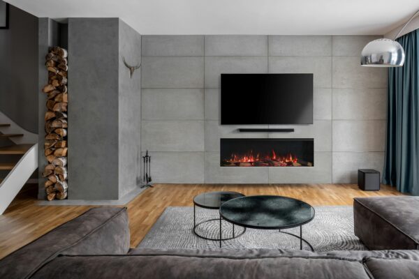 fireplace on grey modern wall