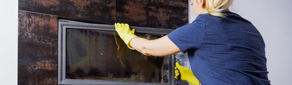 woman cleaning a fireplace